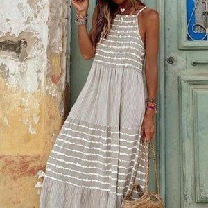 BNWOT Gray Striped Patchwork Halter Maxi Dress